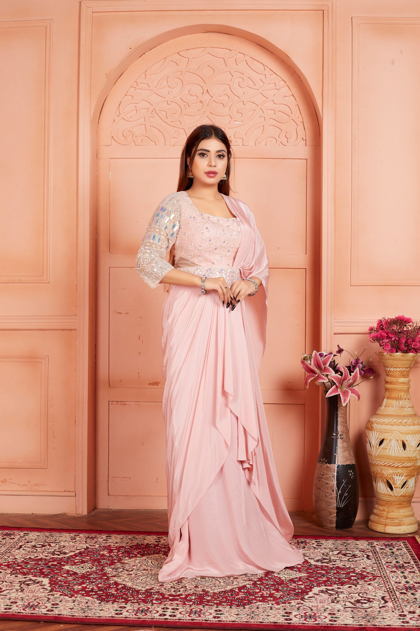 Light Pink Saree Gown With Hand Embroidery