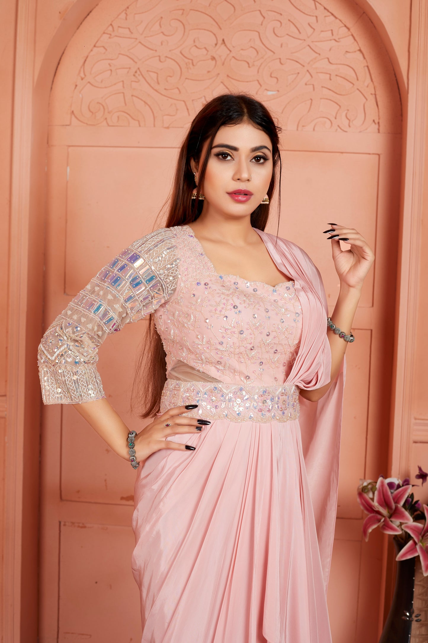 Light Pink Saree Gown With Hand Embroidery