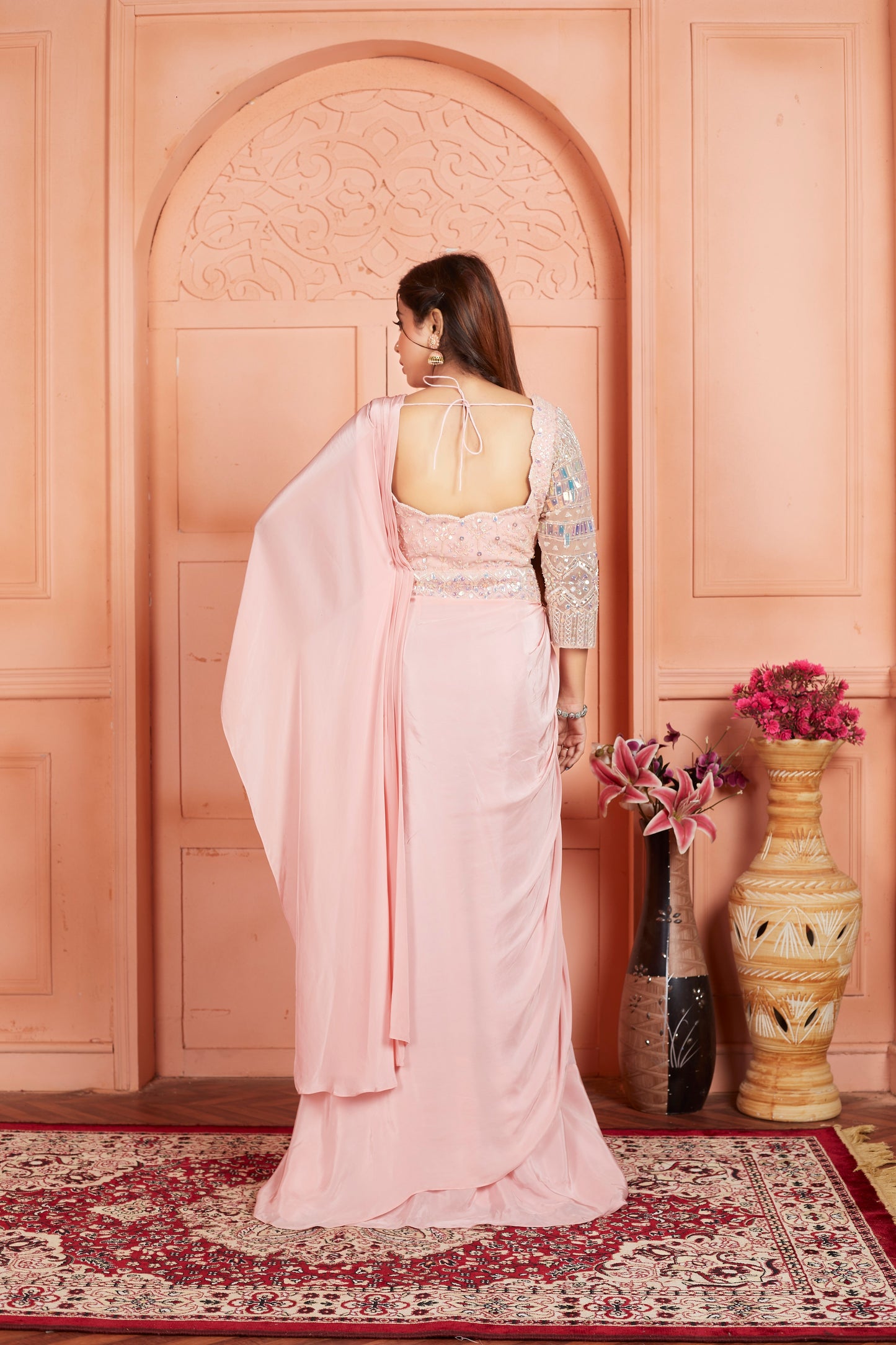 Light Pink Saree Gown With Hand Embroidery