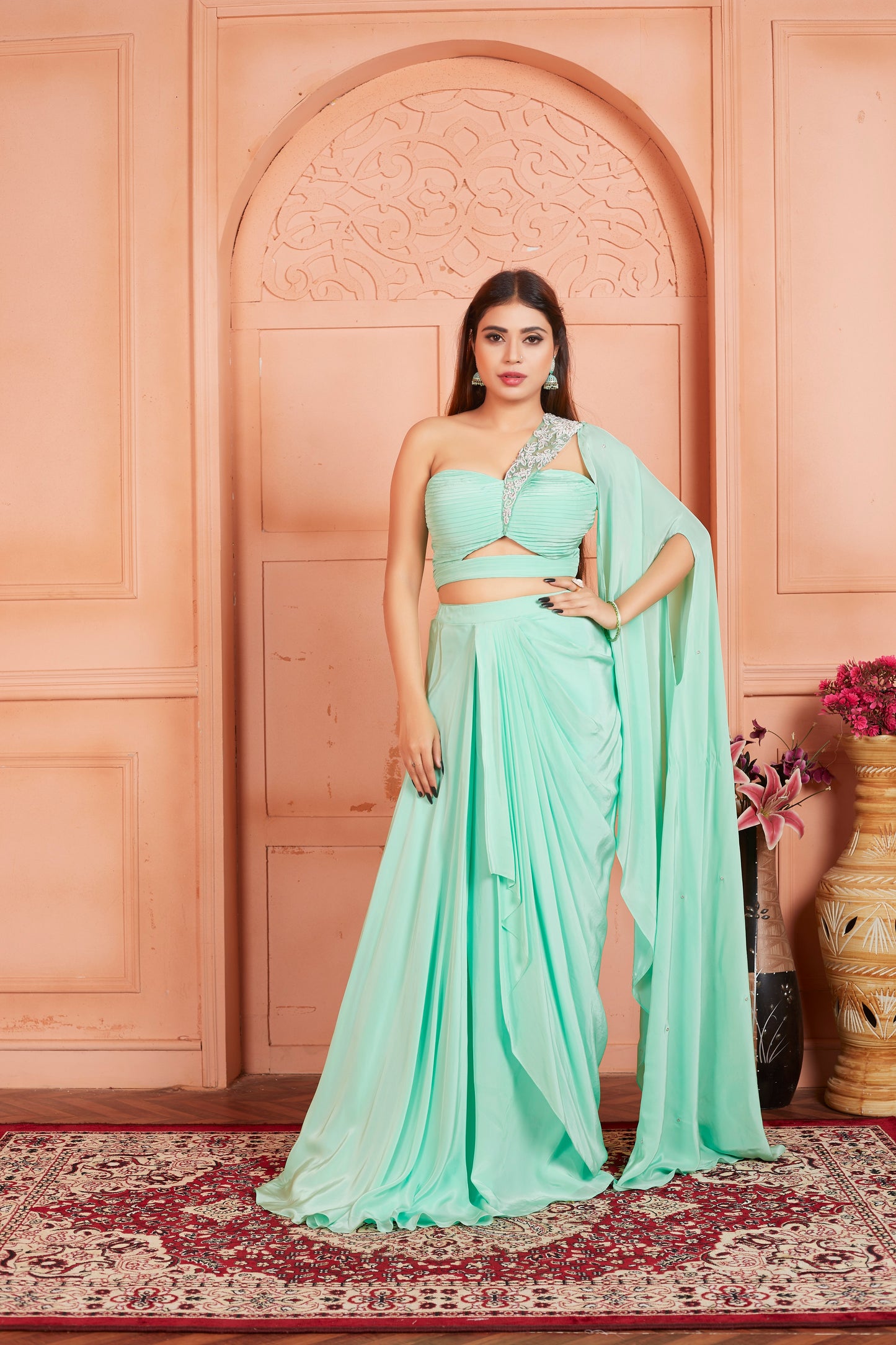 Aqua Pista Gown With Hand Embroidery