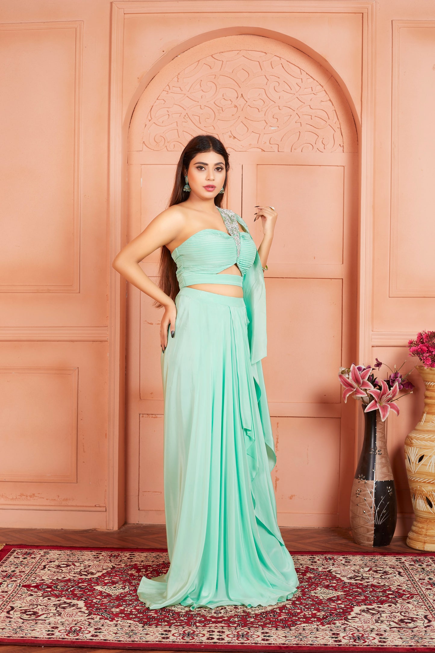 Aqua Pista Gown With Hand Embroidery