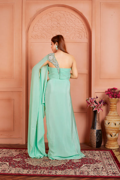 Aqua Pista Gown With Hand Embroidery