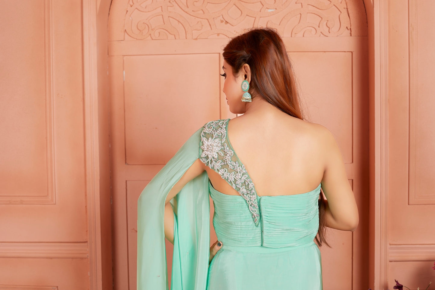 Aqua Pista Gown With Hand Embroidery