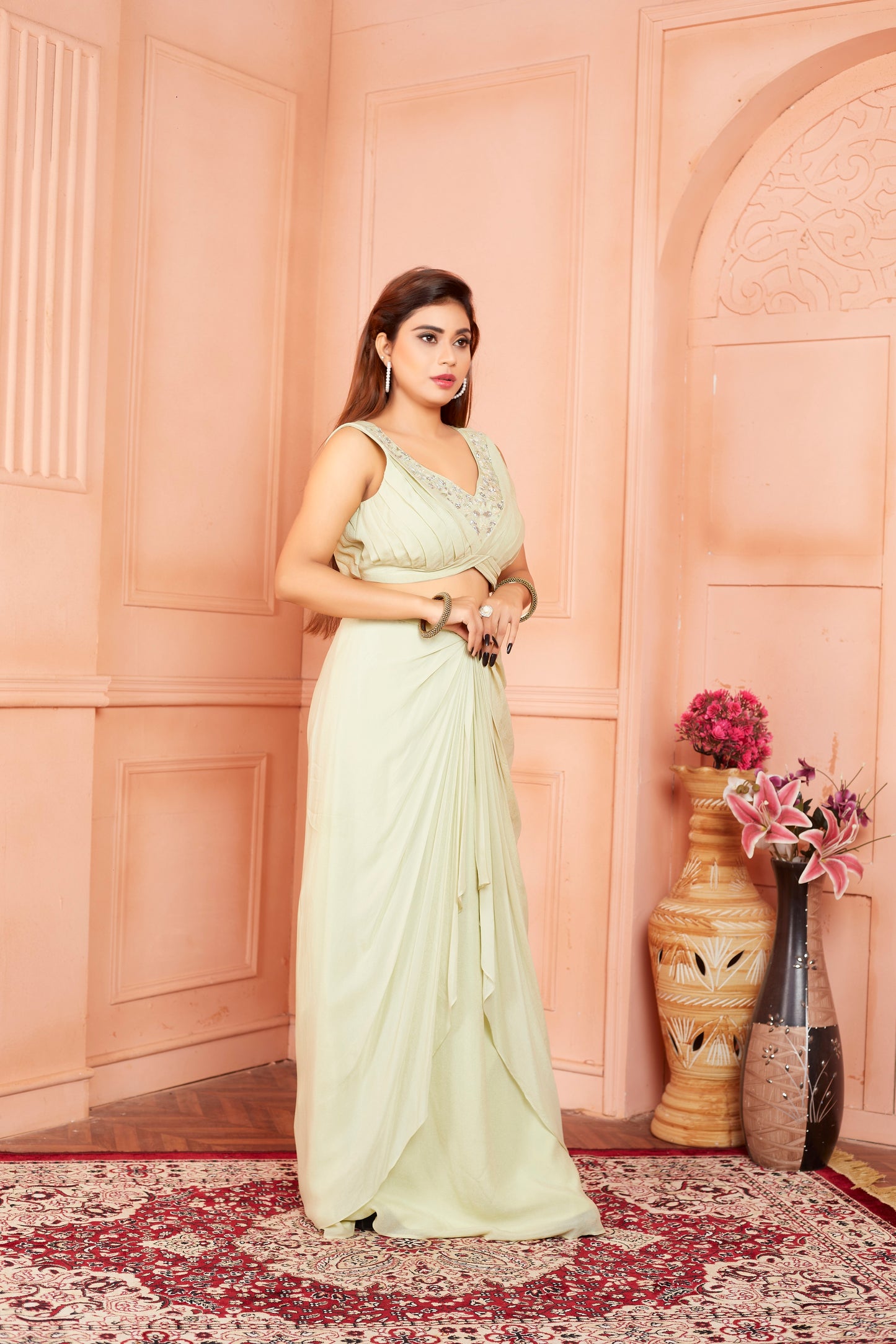 Light Mehendi Green Saree Gown With Hand Embriodery